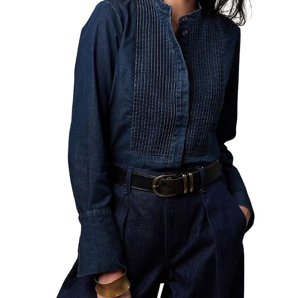 NWOT Banana Republic Denim Tuxedo Blouse With A Band Collar And Long Sleeve